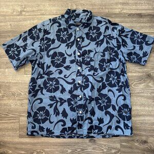 Sonoma Mens‎ L Hawaiian Button Down Shirt Blue Aloha Tropical Camp Beach Flowers